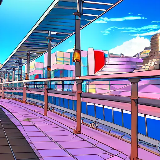 Image similar to oceanfront walkway, futuristic city, colorful city, curved railing, long railing, shining sea, cel - shading, 2 0 0 1 anime, cel - shaded, bright sunshine, colorful buildings