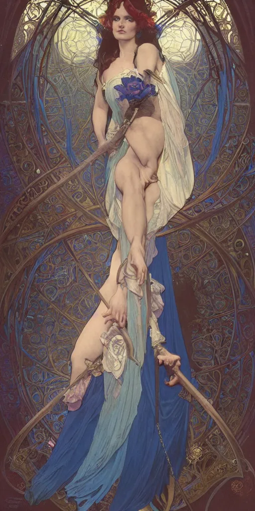 Image similar to Beautiful female wizard with blue rose velvet robes on a swing, wearing an intricate arcane makeup, searching for her soul, burning desire, epic cinematic, drama, action, digital art, art by Alphonse Mucha, Greg Rutkowski, Alex Ross, WLOP