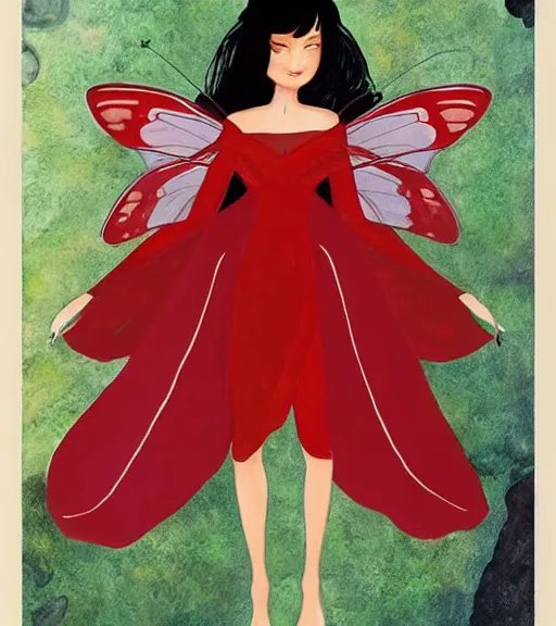 Prompt: Portrait of a beautiful fairy queen with dark hair wearing a red dress, art by Alyssa Menold and Siwoo Kim