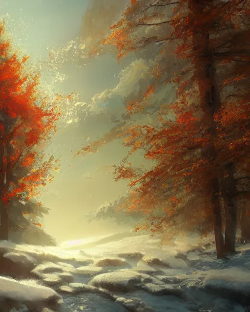 Image similar to spring, summer, fall and winter in a day, landscape, dreamy, cinematic lighting, highly detailed, digital painting, trending on artstation, pixiv, concept art, sharp focus, illustration