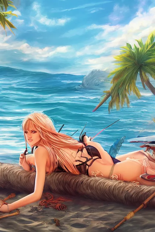 Image similar to artwork of a valkyrie girl chilling on a beach, chill scenes, warm colors, hd, hyper detailed, 4 k