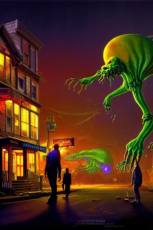 Image similar to a hyperrealistic vray rendering of a quiet autumn town being invaded by glowing ugly toxic dangerous monsters in the night, cinematic horror by chris cunningham, lisa frank, richard corben, highly detailed, vivid color,