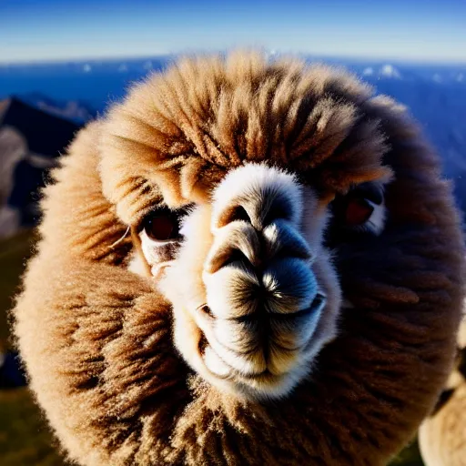 Prompt: a spherical alpaca on top of a mountain, photo, National Geographic, 8k