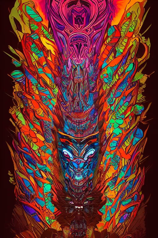 Image similar to totem animal tribal chaman vodoo mask feather gemstone plant wood rock video game illustration vivid color borderlands by josan gonzales and dan mumford radiating a glowing aura