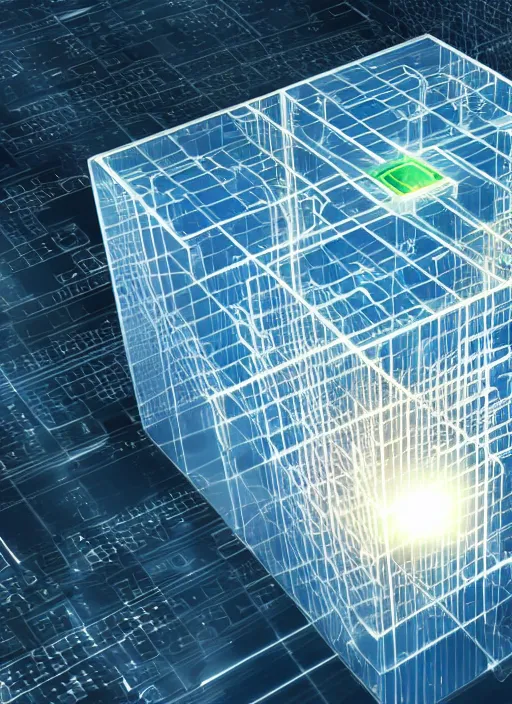 Image similar to Computer circuit on the surface of a hypercube, floating above a buzy city scape, global illumination, radiant light, detailed and intricate environment