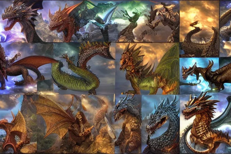 Image similar to highly detailed icons of many various fantasy dragons from fantasy games. Perfect lighting, ray tracing, realistic.