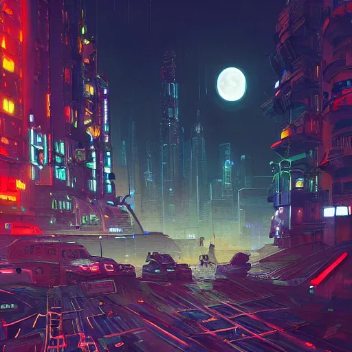 Image similar to A cityscape at night, with a full moon, neon lights, cyber punk setting, steam punk machinery, top-rated, award winning, cityscape, science fiction, futuristic, shadows, technical, highly detailed, digitally painted, illustration, by Simon Stålenhag and Greg Rutkowski