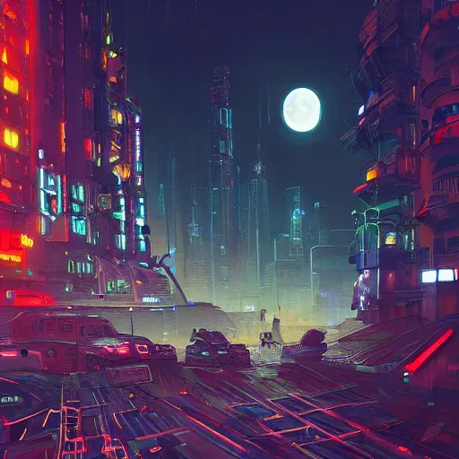 Prompt: A cityscape at night, with a full moon, neon lights, cyber punk setting, steam punk machinery, top-rated, award winning, cityscape, science fiction, futuristic, shadows, technical, highly detailed, digitally painted, illustration, by Simon Stålenhag and Greg Rutkowski