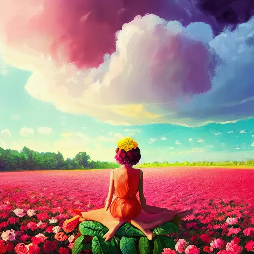 Image similar to giant rose flower head, girl sitting in a flower field, surreal photography, sunrise, dramatic light, impressionist painting, colorful clouds, digital painting, artstation, simon stalenhag