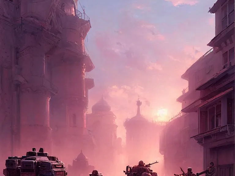 Image similar to a city of syzran!!!, militaristic!!!, romantic!!!, hyperrealistic, highly detailed, cinematic, pink sunlight, beautiful, cgssociety, artstation, 8 k, oil painting by greg rutkowski, by artgerm, by wlop