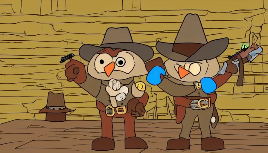 Image similar to 2000s cartoon show screenshot about a gunslinging owl from the wild west, wearing a cowboy hat an eye mask, standing in an old west town the animated show, in the style of cowboys of moo mesa