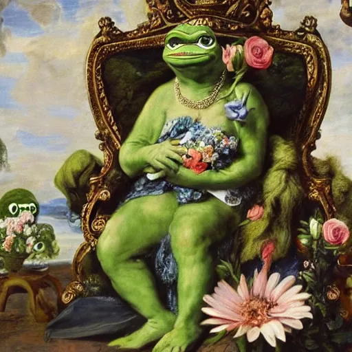 Image similar to realistic Pepe frog relaxed in a king's chair surrounded by beautiful women and flowers, clear weather, Peter Paul Rubens style