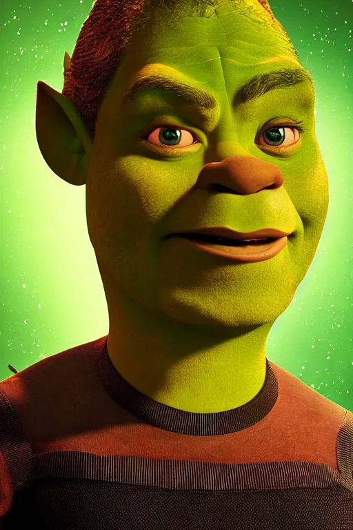 Prompt: portrait of sexy Shrek, gross, unattractive, rule of thirds, captivating glowing lights, Star Trek setting, on interstellar space, photo realistic by Yaşar VURDEM , artstation, unreal engine, character concept art by Moebius, high quality printing
