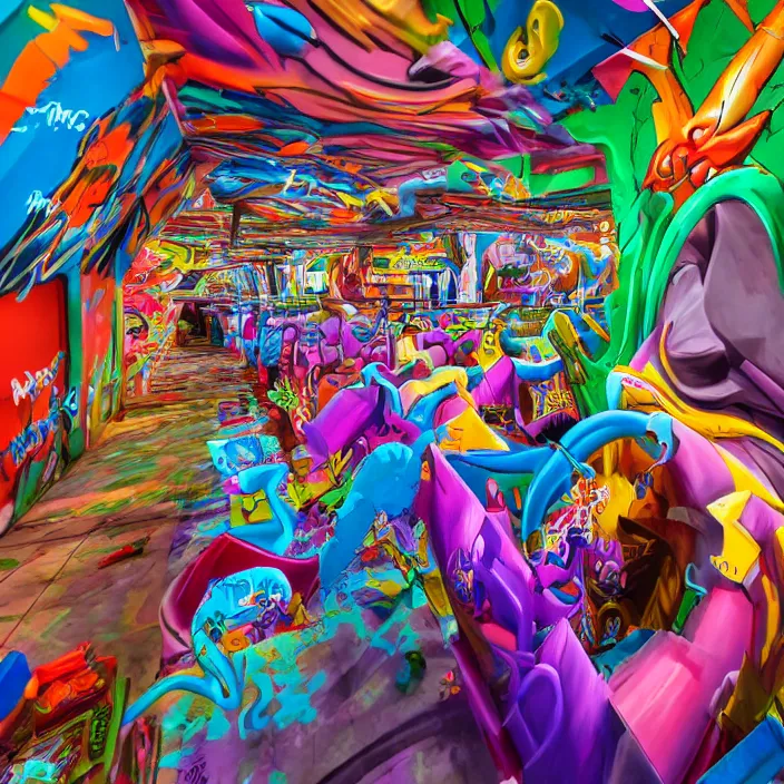 Prompt: graffiti twisted forms, inside the colorful 3 d graffiti realm, high definition image, extremely detailed and intricate