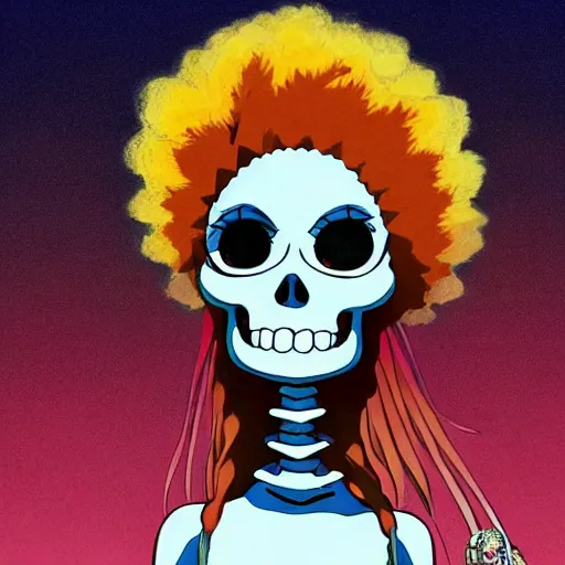 Image similar to manga fine details portrait of joyful skull girl, floeers in hair, marge simpson, skeleton. anime masterpiece by Studio Ghibli. 8k render, sharp high quality anime illustration in style of Ghibli, artstation