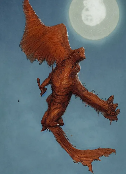 Image similar to flying humanoid fly with very long proboscis, against dark background, fluid, smooth, organic, crazy, high contrast, sharpness, dramatic, by greg rutkowski and siudmak and richard corben and moebius