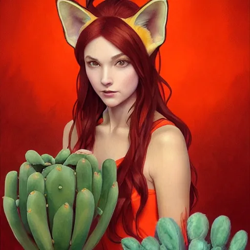 Image similar to A red-haired girl with fox ears and an evil grin in an orange jumpsuit holds a cactus artwork of a single character, highly detailed, digital painting, artstation, smooth, sharp focus, illustration, art by artgerm and greg rutkowski and alphonse mucha