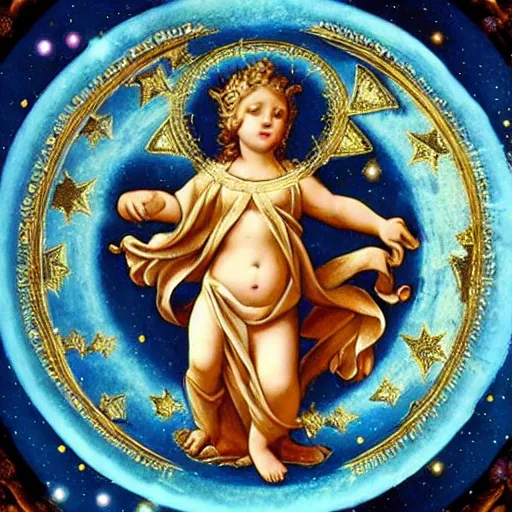 Prompt: Majestic Saint Woman, Putti, Venus, Athena, Sistina, pagans, sicilian, baroque, marble and gold, stars, space, sun, butterflies