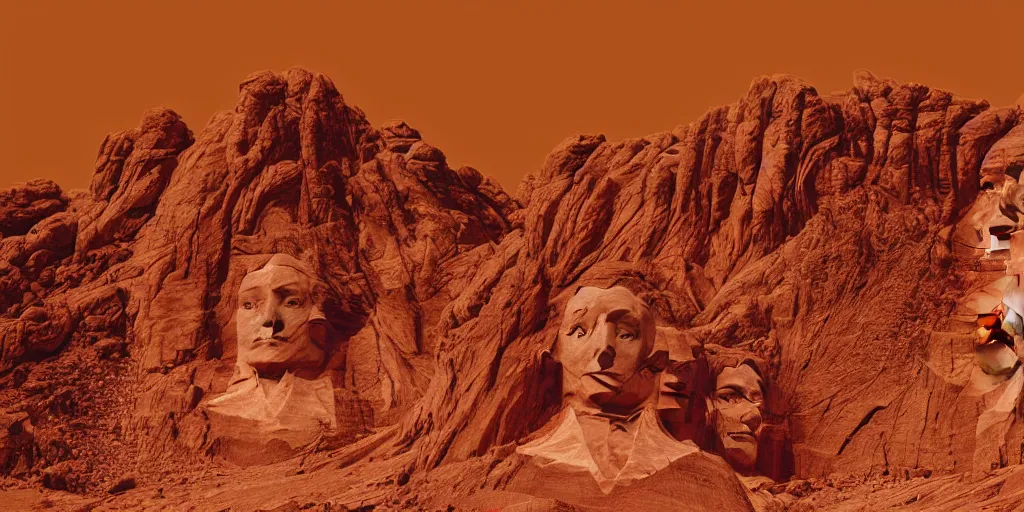 Image similar to statues of queens and empresses carved into a red mountain range on mars, sci - fi, landscape, mount rushmore