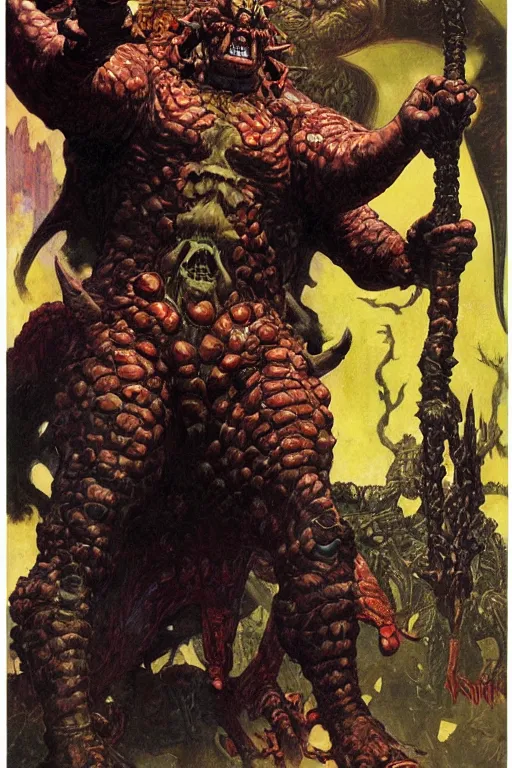 Image similar to full body portrait of mark henry as huge demonic armoured radioactive demon king, simple background, painted by jack kirby, lawrence alma tadema, norman rockwell, greg staples, wayne barlow, jacob collins, tom lovell, frank schoonover, neville page