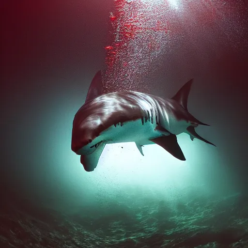 Prompt: A great white shark with red laser light emanating from its eyes, underwater photography, creepy, 8k