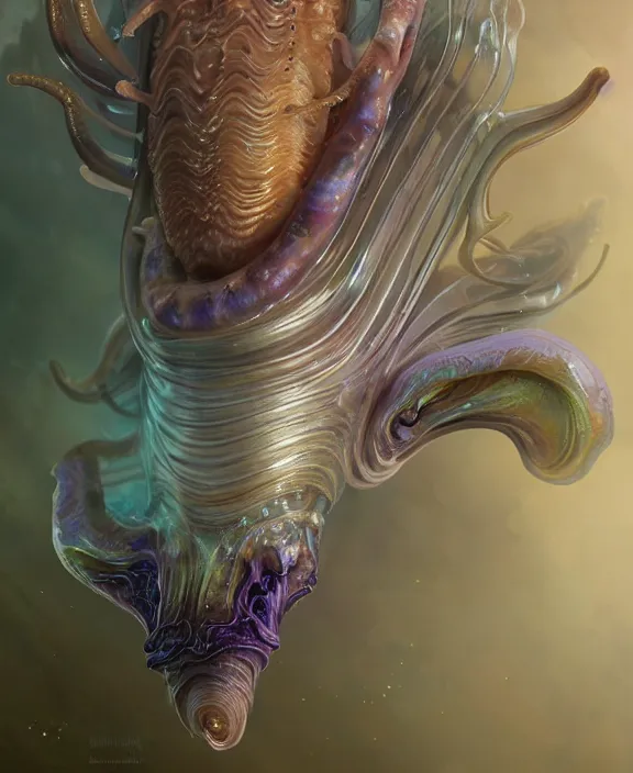 Image similar to intricate transparent portrait of a terrifying beautiful alien sea slug, horns, mottled coloring, adorable, childlike, anxiety environment, ultra realistic, concept art, art nouveau, photorealistic, octane render, 8 k, unreal engine. art by christopher marley and artgerm and greg rutkowski and alphonse mucha