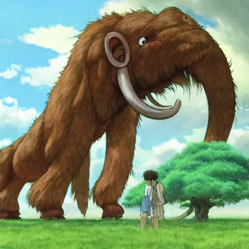 Image similar to a realistic cell - shaded studio ghibli concept art from paprika ( 2 0 0 6 ) of a giant wooly mammoth. very dull colors, wide shot, hd, 4 k, hq