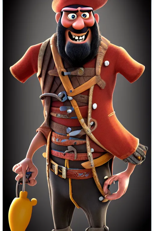 Image similar to portrait of the pirate blackbeard, full body. pixar disney 4 k 3 d render funny animation movie oscar winning trending on artstation and behance. ratatouille style.