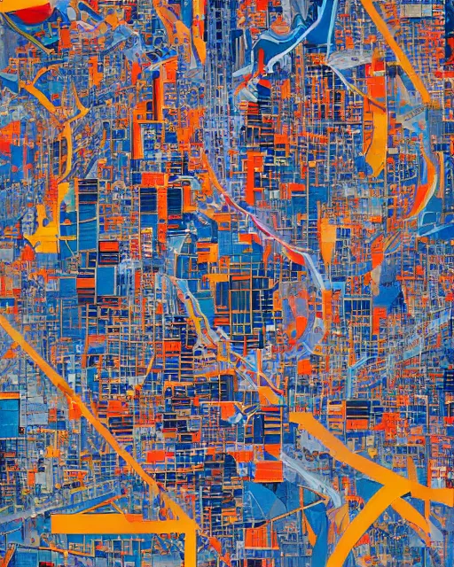 Image similar to a satellite view of an industrial city with geometric shapes mixed with portrait photography by tristan eaton, glitches, primary colors