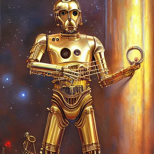 Image similar to medium shot stunning portrait of C3PO playing the golden lyre, painting by Raymond Swanland and Donato Giancola, Robot, sci-fi, cybernetic, hq