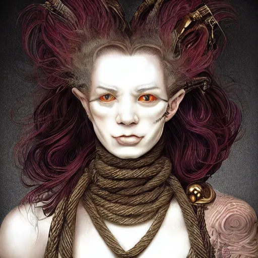 Image similar to portrait of a Shibari rope wrapped face and neck, headshot, insanely nice professional hair style, dramatic hair color, digital painting, of a old 15th century, old cyborg merchant, amber jewels, baroque, ornate clothing, scifi, realistic, hyperdetailed, chiaroscuro, concept art, art by Franz Hals and Jon Foster and Ayami Kojima and Amano and Karol Bak,