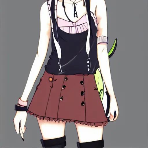 Image similar to anime illustration gorgeous punk woman in miniskirt and tank top op, blushing