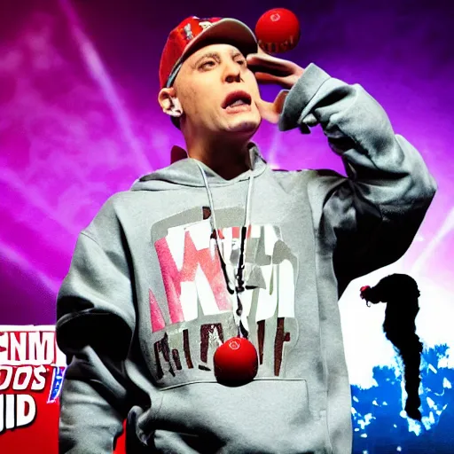 Prompt: still of an award - winning movie of eminem rapping on stage alongside a cartoon chocolate m & m candy, hyperdetailed, hdr, studio lighting, studio quality effects, epic!!!!!! 4 k, 8 k