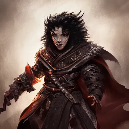 Image similar to A fierce and noble sorcerer warrior, 30 years old, black hair, fantasy, magical, D&D, cinematic lighting, highly detailed, digital painting, sharp focus, smooth, concept art