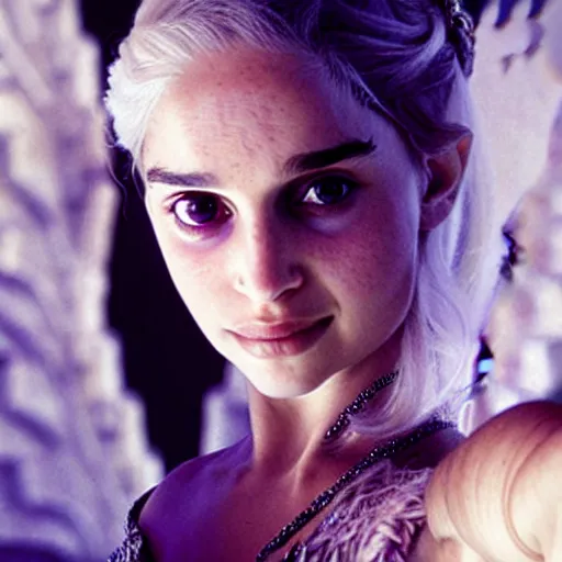 Image similar to a selfie of daenerys targaryen played by a young natalie portman, smooth skin, light violet eyes, ethereal beauty, medium shot, detailed eyes, vivid, golden hour