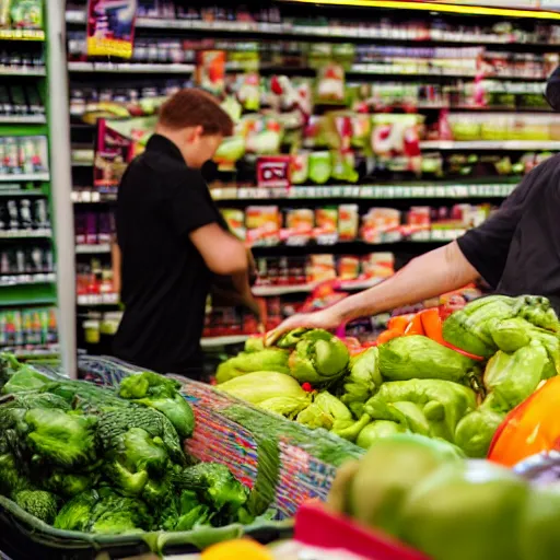 Image similar to mid shot of a green alien buying groceries at the store shot by amanda carlson and alex strelkovv, professional photo, masterpiece, very detailed, 4 k