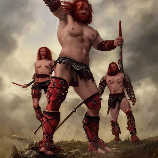 Prompt: bulky muscular scottish warriors with red hair, tribal blood red war paintings, waist plate armor, 4 k oil on linen by wlop, artgerm, andrei riabovitchev, nuri iyem, james gurney, james jean, greg rutkowski, highly detailed, soft lighting 8 k resolution