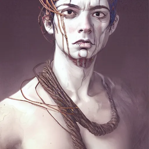 Image similar to portrait of a Shibari rope wrapped face and neck, headshot, insanely nice professional hair style, dramatic hair color, digital painting, of a old 15th century, roman soilder, amber jewels, baroque, ornate clothing, scifi, realistic, hyperdetailed, chiaroscuro, concept art, art by Franz Hals and Jon Foster and Ayami Kojima and Amano and Karol Bak,