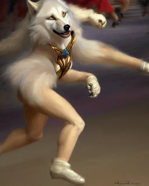 Image similar to a buff white female anthro wolf skating at a roller derby, 4 k, furaffinity, fursona, trending on artstation, energetic, speed, motion blur, by gaston bussiere, craig mullins, j. c. leyendecker, gustav klimt, artgerm, greg rutkowski, alphonse mucha