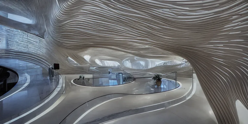 Image similar to extremely detailed stunning beautiful futuristic smooth curvilinear museum lobby interior, hyper real, smooth texture