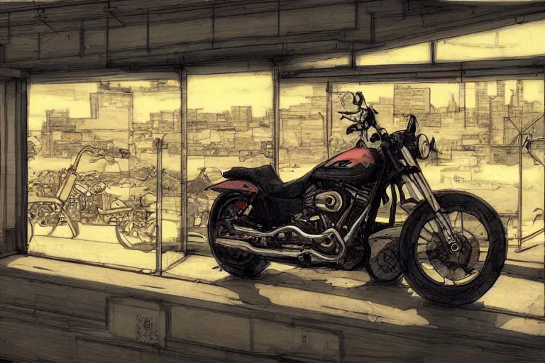 Prompt: harley davidson in front of a quiet town, art by satoshi kon, panoramic view, soft colors