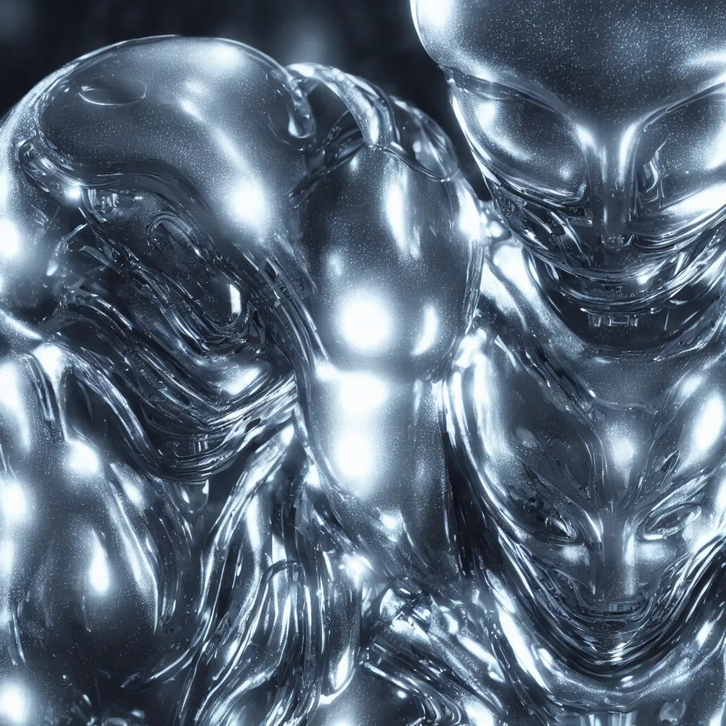 Image similar to a highly detailed artwork of a futuristic artificial intelligence superstar, centered alien face, photorealistic detailed water texture, octane render, 4k, high quality, cgi, volumetric lighting, sharp focus