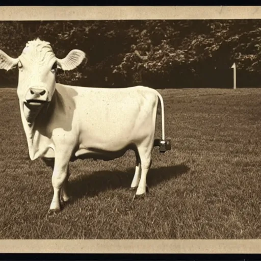 Prompt: vintage photo of a cow being abducted by aliens