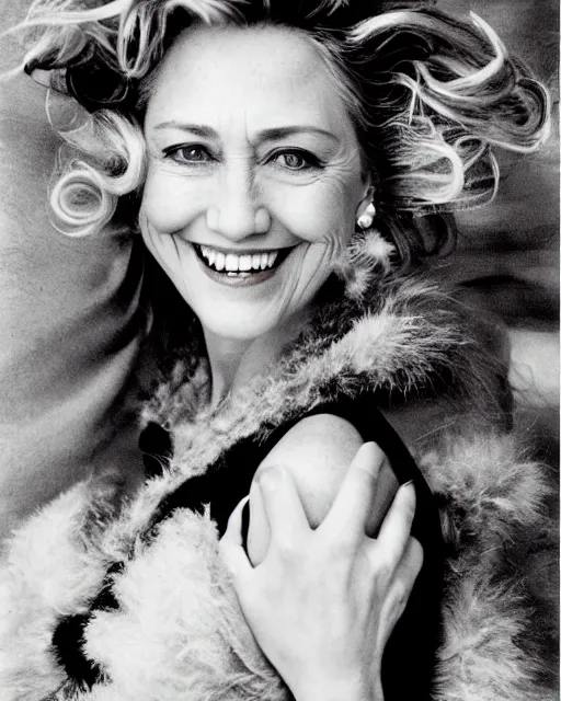 Image similar to a beautiful professional photograph of hilary clinton as beautiful by herb ritts, arthur elgort and ellen von unwerth for vogue magazine, unusually attractive, fashion model looking at the camera in a flirtatious way, zeiss 8 0 mm f 2. 8 lens