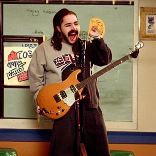 Image similar to a film still of Post Malone starring as Dewey Finn in School Of Rock (2003)