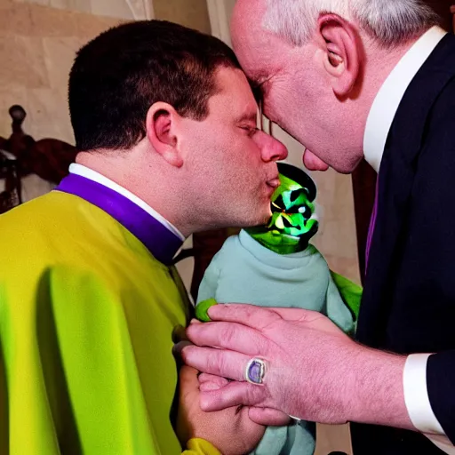 Image similar to shrek kisses the pope's hand. photojournalism, wide angle lens, extremely detailed face, new york times cover, studio lighting