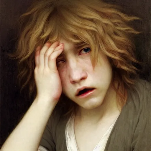 Prompt: a teen boy with long shaggy blonde hair crying angry tears. Face contorted with emotion. Eyes brimming with tears. By Bouguereau. Ruan Jia. Ayami Kojima. Masterpiece