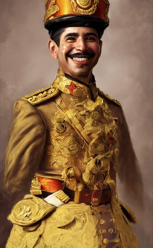 Prompt: Portrait of a smiling hispanic man wearing a ceremonial uniform, male, cheerful, detailed face, 19th century, highly detailed, cinematic lighting, digital art painting by greg rutkowski
