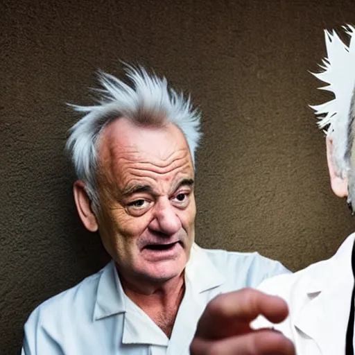 Image similar to !dream the roll of Rick Sanchez will be played by Bill Murray, spikey hair, white lab coat, photography