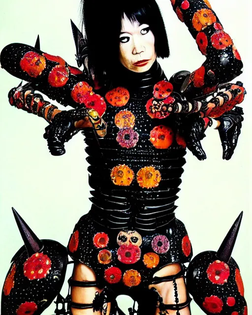 Image similar to portrait of a skinny punk goth yayoi kusama wearing armor by simon bisley, john blance, frank frazetta, fantasy, thief warrior, floral flowers colorful